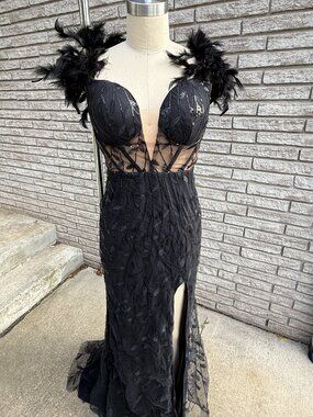Black Feather-Trim Sequin Prom Dress